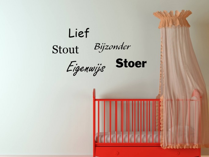 Muursticker "Lief, stout, bijzonder, eigenwijs, stoer"